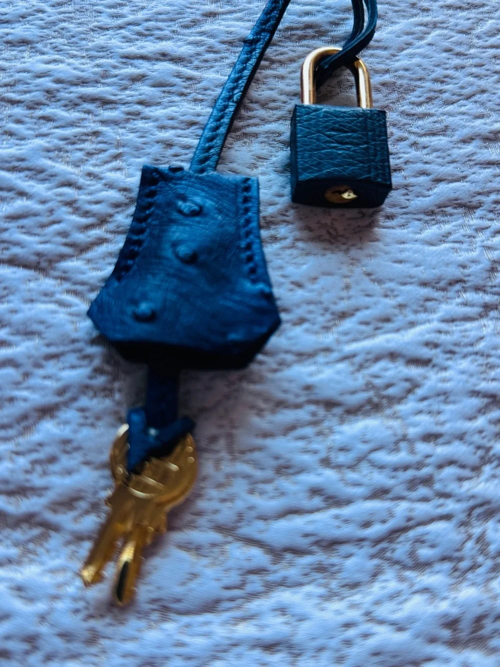 Hermes B 25 Ostrich Navy Leather Key Holder with Gold Padlock no scratches